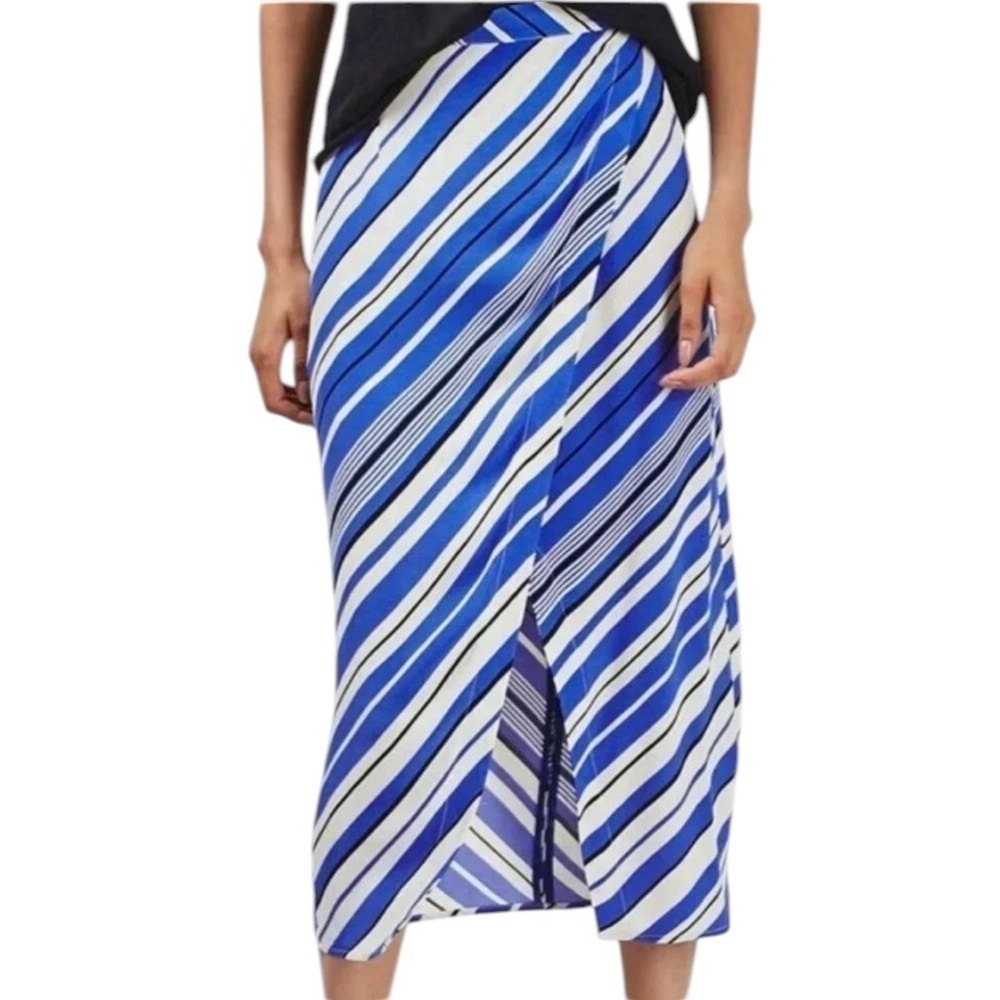 Topshop Blue Diagonal Stripe Faux Wrap Midi Skirt Size 0